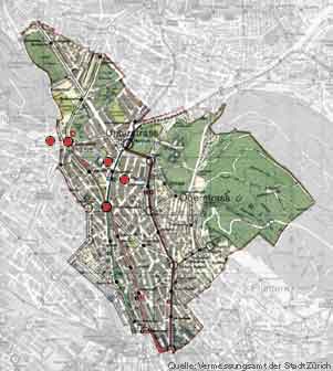 Karte des Kreises 6 der Stadt Zürich: Übersicht über die Projekte des 'Einwohnervereins Kreis 6'
